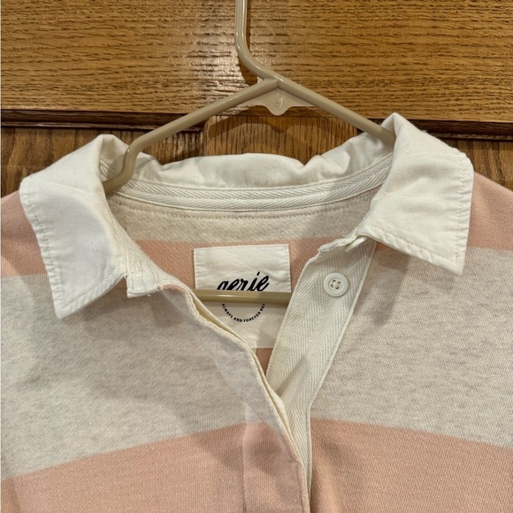 NWOT Aerie Prep Rally Rugby Sweatshirt, Heather Tan & Pink - Picture 5 of 6